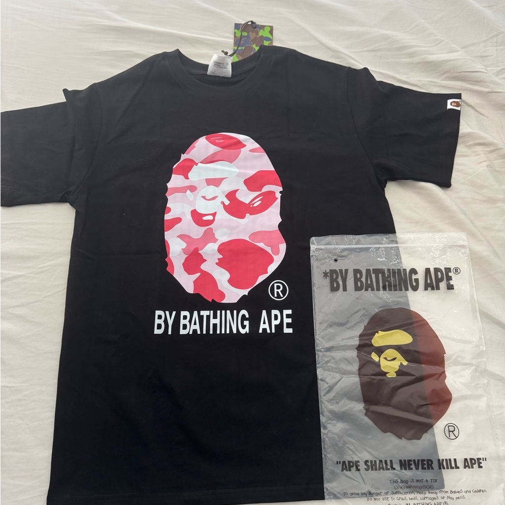 Bape Black Tee with Pink Camo Ape Design